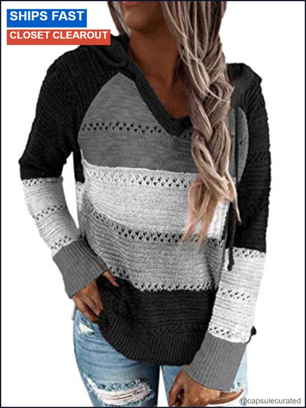Women's Striped Color Block V Neck Knit Hoodie Sweater Long Sleeve Loose Fit